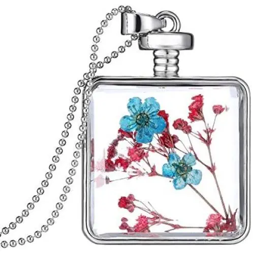 YAZILIND Platinum Plated DIY Dried Flower Square Lockets Pendant Necklace Birthday Gift
