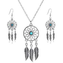 lauhonmin 3pcs Women Retro Silver Turquoise Feather Dream Catcher Pendant Necklace Earrings Set Family Friend Gift