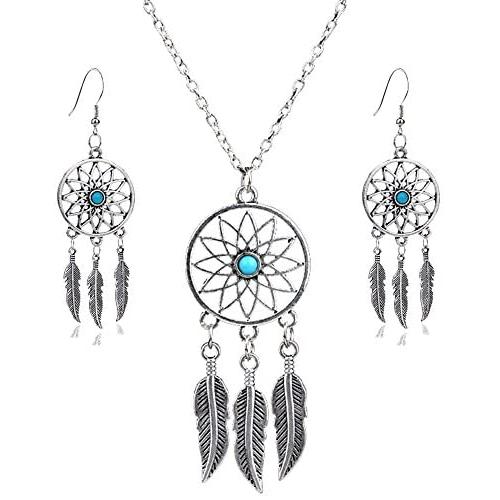 lauhonmin 3pcs Women Retro Silver Turquoise Feather Dream Catcher Pendant Necklace Earrings Set Family Friend Gift