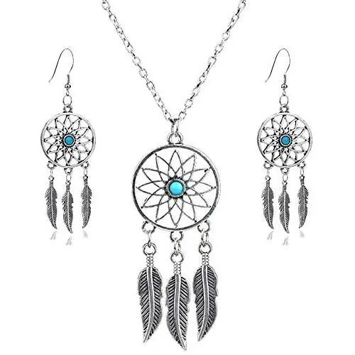 lauhonmin 3pcs Women Retro Silver Turquoise Feather Dream Catcher Pendant Necklace Earrings Set Family Friend Gift lauhonmin 3pcs Women Retro Silver Turquoise Feather Dream Catcher Pendant Necklace Earrings Set Family Friend Gift