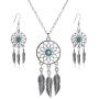 lauhonmin 3pcs Women Retro Silver Turquoise Feather Dream Catcher Pendant Necklace Earrings Set Family Friend Gift