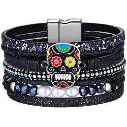 Halloween Gifts for Women Teen Girls Skulls Wrap Around Boho Buckle Stacking Multilayer Leather Wide Magnetic Layered Bracelets for Women Mom Teen Girls Grandma
