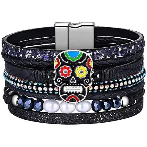 Halloween Gifts for Women Teen Girls Skulls Wrap Around Boho Buckle Stacking Multilayer Leather Wide Magnetic Layered Bracelets for Women Mom Teen Girls Grandma