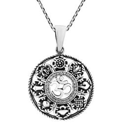 AeraVida Mystic Om or Aum with The Eight Auspicious .925 Sterling Silver Pendant Necklace