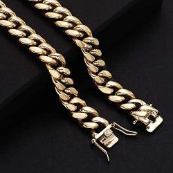 GOLD IDEA JEWELRY Hip Hop 14K Cuban Link Chain 5 Times Real Gold Plated Heavy Solid 8mm-18mm Miami Cuban Link Chain Stainless Steel Necklace/Bracelet for Men