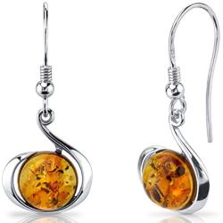 Baltic Amber Fishhook Earrings Sterling Silver Cognac Color Round Shape