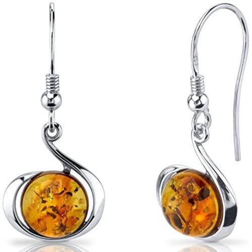Baltic Amber Fishhook Earrings Sterling Silver Cognac Color Round Shape