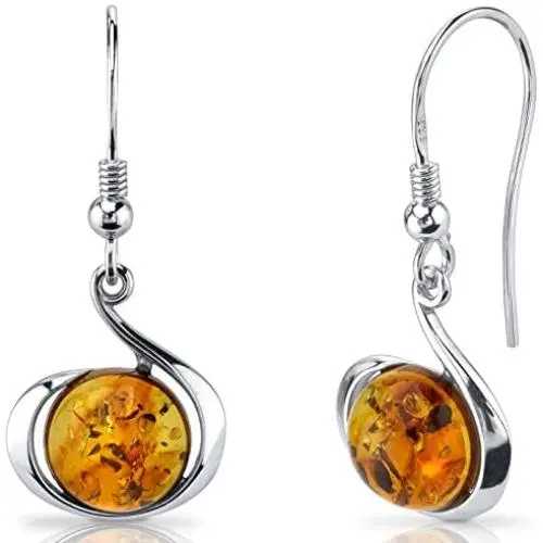 Baltic Amber Fishhook Earrings Sterling Silver Cognac Color Round Shape Baltic Amber Fishhook Earrings Sterling Silver Cognac Color Round Shape