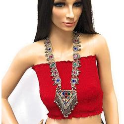 Afghan Tribal Baloch Long Pendant Necklace in Metal Soft Bells Multi Color Stones