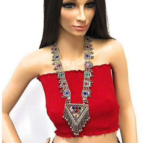 Afghan Tribal Baloch Long Pendant Necklace in Metal Soft Bells Multi Color Stones