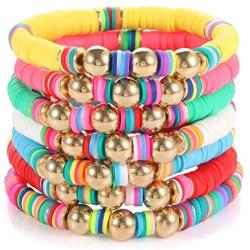 Beach Bracelet Set for Women - Stack Rainbow Friendship Bracelets Clay Heishi Beads Surfer Bracelets Stretch Handmade Elastic Srting Bracelets Bulk Boho Summer Jewelry for Men Girls