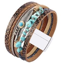 GelConnie Feather Leather Cuff Bracelet Magnetic Multi Strand Bracelet Wrap Bracelet Bohemian Jewelry Gifts for Women, Wife, Sister