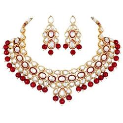 Aheli Ethnic Maroon Drop Beads Faux Kundan Necklace Earrings Bollywood Indian Fashion Party Jewelry Set for Women