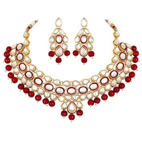Aheli Ethnic Maroon Drop Beads Faux Kundan Necklace Earrings Bollywood Indian Fashion Party Jewelry Set for Women