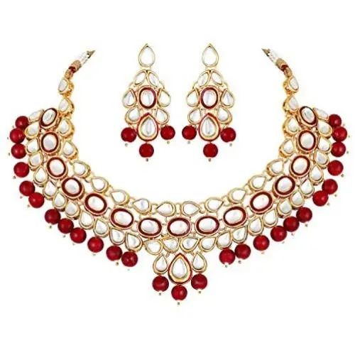 Aheli Ethnic Maroon Drop Beads Faux Kundan Necklace Earrings Bollywood Indian Fashion Party Jewelry Set for Women