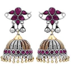 Aheli Tradional Oxidised Silver Antique Design Stone Studded Dangler Earrings for Women Girls