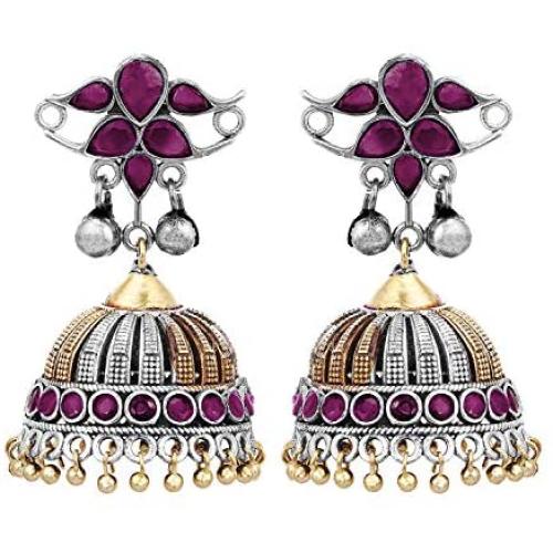 Aheli Tradional Oxidised Silver Antique Design Stone Studded Dangler Earrings for Women Girls