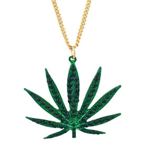 LUX ACCESSORIES Gold Tone Green Weed Pot Leaf Green Rhinestones Chain Necklace