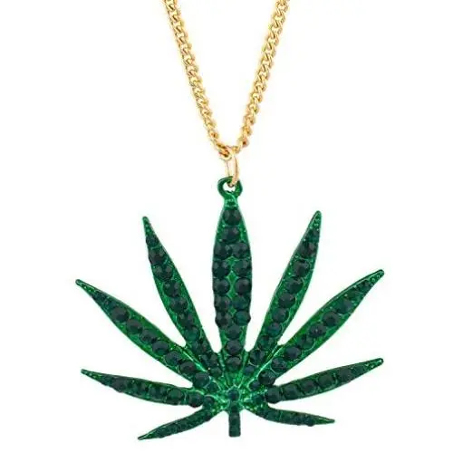 LUX ACCESSORIES Gold Tone Green Weed Pot Leaf Green Rhinestones Chain Necklace LUX ACCESSORIES Gold Tone Green Weed Pot Leaf Green Rhinestones Chain Necklace