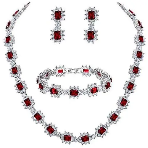BriLove Womens Wedding Bridal CZ Multi Emerald Cut Halo Collar Necklace Tennis Bracelet Dangle Earrings Set BriLove Womens Wedding Bridal CZ Multi Emerald Cut Halo Collar Necklace Tennis Bracelet Dangle Earrings Set