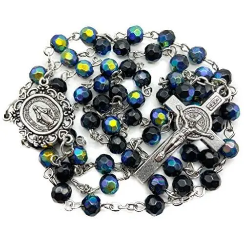 Nazareth Store Saint Benedict Rosary Necklace Deep Blue With Sheen Crystal Beads, Silver Miraculous Medal and Cross NR - Velvet Bag Nazareth Store Saint Benedict Rosary Necklace Deep Blue With Sheen Crystal Beads, Silver Miraculous Medal and Cross NR - Velvet Bag