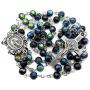 Nazareth Store Saint Benedict Rosary Necklace Deep Blue With Sheen Crystal Beads, Silver Miraculous Medal and Cross NR - Velvet Bag
