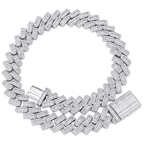 JINAO 20MM 6 Times 14k Gold Plated Cuban Link Chain Full Iced Out Bling Round Carre Baguette Cut CZ with Prong Setting Simulated Diamond Chain Choker Necklace for Men