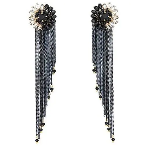 Long Tassel Chandelier Earrings - Rhinestone Floral Earrings with Sleek Fringe - Great Idea for Prom, Party