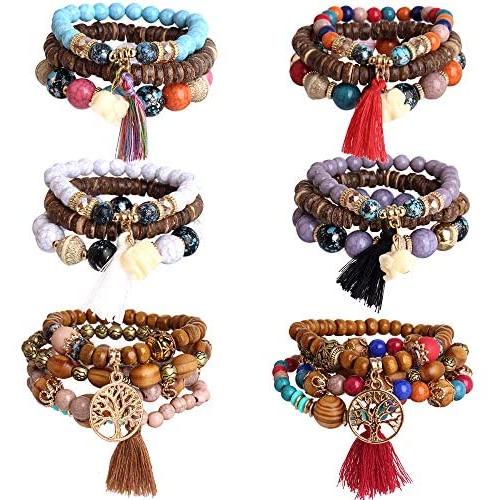 Hicdaw 6 Sets Bohemian Bracelets for Women Multilayer Tassel Bracelet Set Gifts for Women Girls