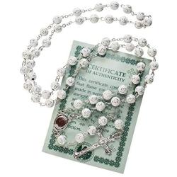 Catholic White Rosary Prayer Beaded Jerusalem Cross Crucifix Christ Jesus Necklace Decor with Holy Soil from Jerusalem for Auto Car for Men Women Religious Jewelry Pendant 20.5''