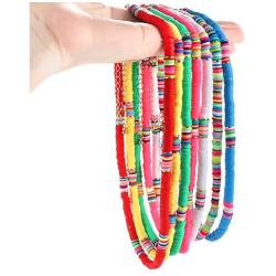 Boderier 7 Strands Rainbow Heishi Necklace Colorful African Vinyl Disc Bead Necklace Choker Statement Layered Summer Vacation Beach Surfer Necklace Boho Jewelry