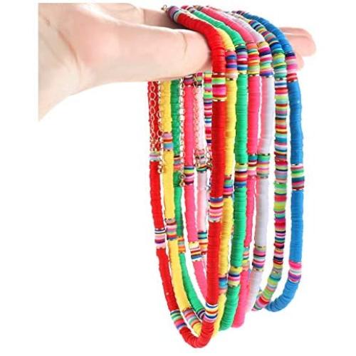Boderier 7 Strands Rainbow Heishi Necklace Colorful African Vinyl Disc Bead Necklace Choker Statement Layered Summer Vacation Beach Surfer Necklace Boho Jewelry