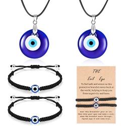 Yaomiao Evil Eye Necklace with Evil Eye Bracelet Set, 2 Pieces Amulet Lucky Bracelets with Card, 2 Pieces Evil Eye Pendant Necklaces Turkish Blue Necklace for Women Men Girls Boys