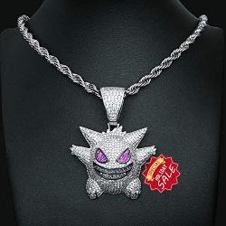 TSANLY Diamond Chain Gengar Chain Pokemon Necklace White Gold Plated with Killy Pendant Ice Out Hip Hop Medallion 24'' Rope Chain + Storage Case + Microfiber Cloth