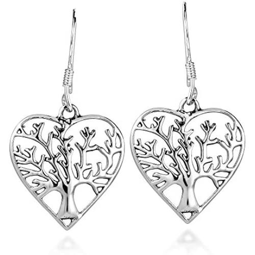 Romantic Heart Shape Tree of Life .925 Sterling Silver Dangle Earrings