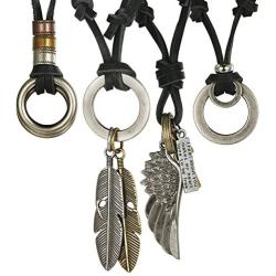 Jstyle 4 Pcs Leather Necklace for Men Women Pendant Vintage Wing Feather Chain Adjustable