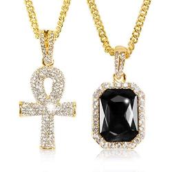 putouzip Men Women 18K Gold Plated CZ Fully Iced Out Ruby Egyptian Ankh Key Cuban Chain Pendant Set