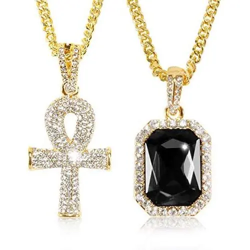 putouzip Men Women 18K Gold Plated CZ Fully Iced Out Ruby Egyptian Ankh Key Cuban Chain Pendant Set putouzip Men Women 18K Gold Plated CZ Fully Iced Out Ruby Egyptian Ankh Key Cuban Chain Pendant Set