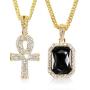 putouzip Men Women 18K Gold Plated CZ Fully Iced Out Ruby Egyptian Ankh Key Cuban Chain Pendant Set