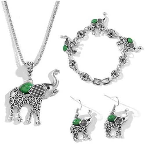Bohemian Vintage Elephant Necklace Bracelet Earrings Hook Tribe Ethnic Turquoise Lucky Animal Hollow Flower Jewelry Set 3 Pcs for Women Girls