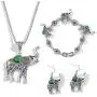 Bohemian Vintage Elephant Necklace Bracelet Earrings Hook Tribe Ethnic Turquoise Lucky Animal Hollow Flower Jewelry Set 3 Pcs for Women Girls