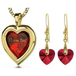 Gold Plated Heart Jewelry Set I Love You Necklace 24k Gold Inscribed in 120 Languages in Miniature Text on Sparkling Brilliant Cut Heart-Shaped Cubic Zirconia Gemstone and Crystal Earrings