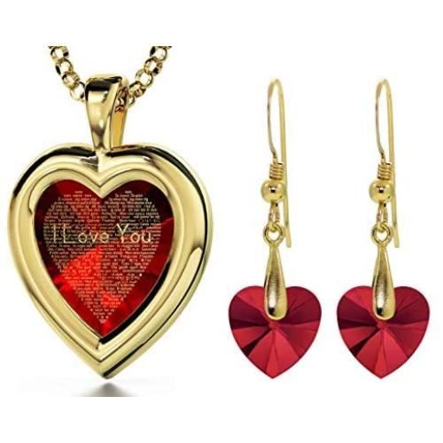 Gold Plated Heart Jewelry Set I Love You Necklace 24k Gold Inscribed in 120 Languages in Miniature Text on Sparkling Brilliant Cut Heart-Shaped Cubic Zirconia Gemstone and Crystal Earrings