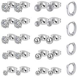 KANOUE Hypoallergenic Stainless Steel Stud Earrings Set Cubic Zirconia 316L Earrings (12 Pairs)