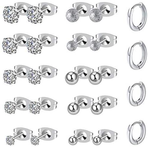 KANOUE Hypoallergenic Stainless Steel Stud Earrings Set Cubic Zirconia 316L Earrings (12 Pairs)