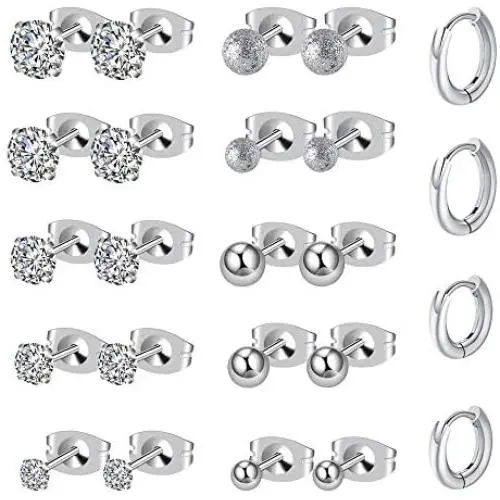 KANOUE Hypoallergenic Stainless Steel Stud Earrings Set Cubic Zirconia 316L Earrings (12 Pairs)