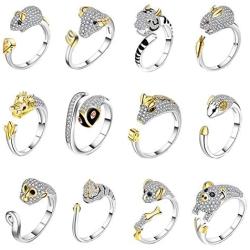 PAMTIER Mens and Womens Chinese Zodiac Ring Adjustable Charming Zircon Horoscopes Jewelry