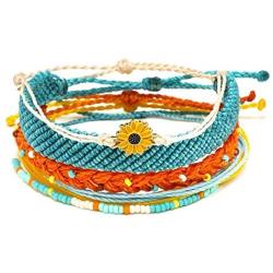 SUNSH 5PCS Boho Woven Sunflower Bracelets for Women Teens Girls Boy Kids Couple Handmade Wrap Rope Charm Beach Surf Braided Adjustable Strings Boyfriend Girlfriend Mother Daughter Friendship Gifts