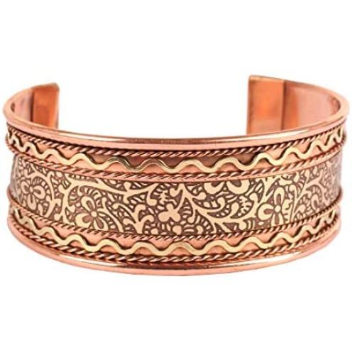 Touchstone Indian Beautifully Hammered Magnetic Healing Copper Peace Chakra Yoga Meditation Mantra Jewelry Bracelet for Women and Men.