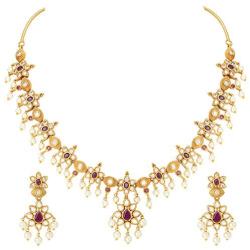 Aheli Faux Kundan and Simulated Red and Green Stone Ethnic Indian Wedding Necklace Earring Jewelry Set for Women